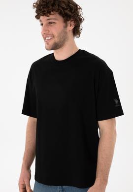 Erkek Oversize Fit Bisiklet Yaka Siyah Tişört - 50305859037