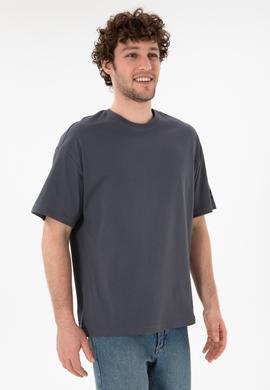 Erkek Oversize Fit Bisiklet Yaka Antrasit Tişört - 50305859128