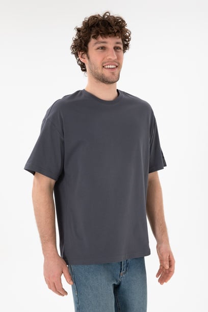 Erkek Oversize Fit Bisiklet Yaka Antrasit Tişört