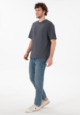 Erkek Oversize Fit Bisiklet Yaka Antrasit Tişört - 50305859128