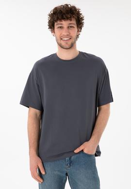 Erkek Oversize Fit Bisiklet Yaka Antrasit Tişört - 50305859128