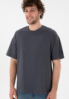 Erkek Oversize Fit Bisiklet Yaka Antrasit Tişört - 50305859128