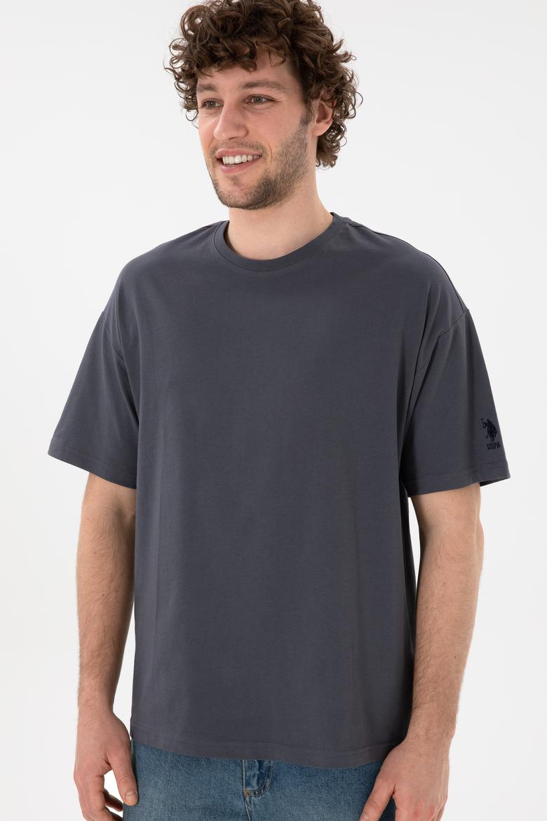 Erkek Oversize Fit Bisiklet Yaka Antrasit Tişört - 50305859128