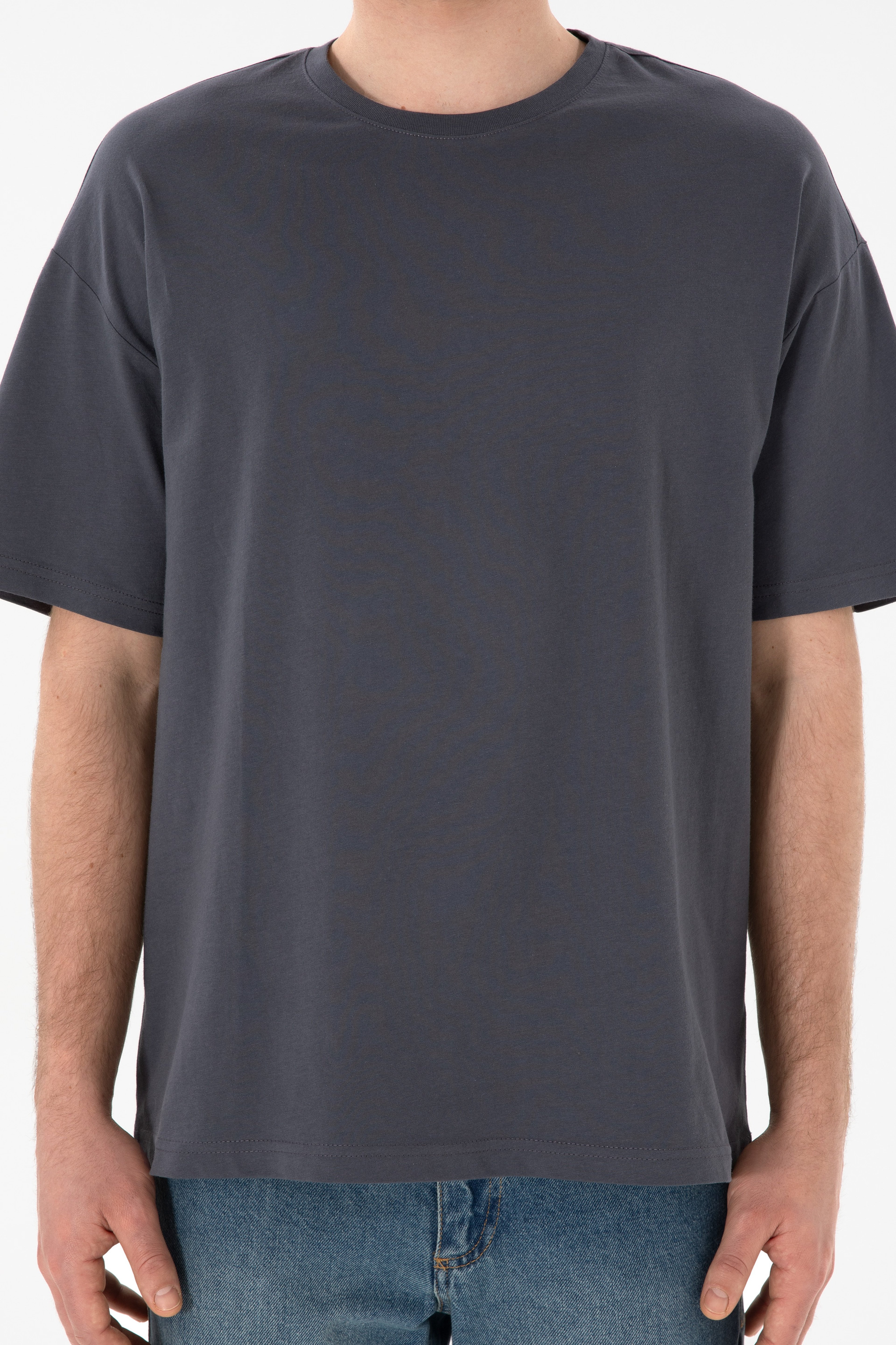 Erkek Oversize Fit Bisiklet Yaka Antrasit Tişört - Image 7