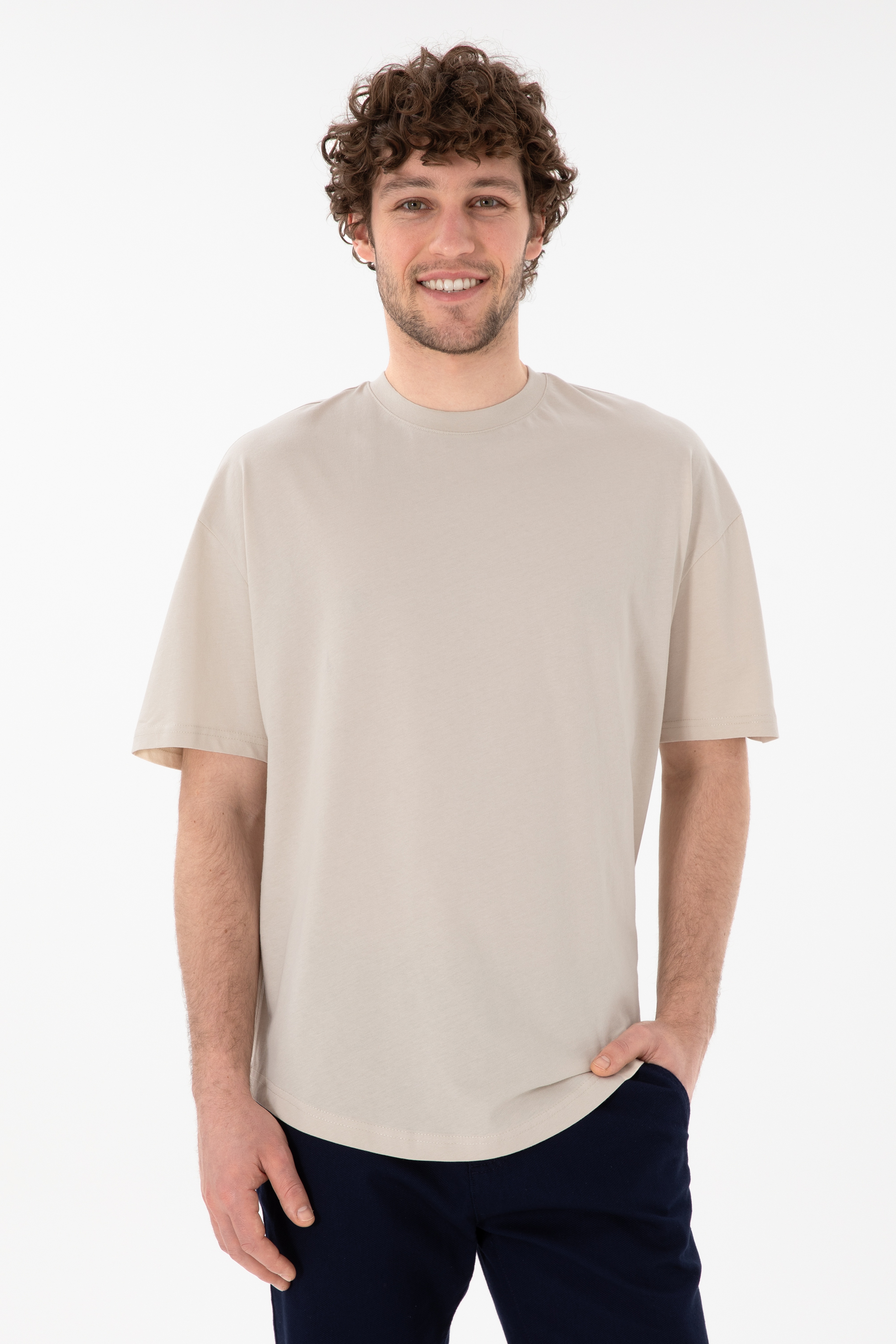 Erkek Long Fit Bisiklet Yaka Taş Basic Tişört - Image 1