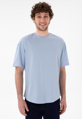Erkek Long Fit Bisiklet Yaka Açık Mavi Basic Tişört - 50305988129