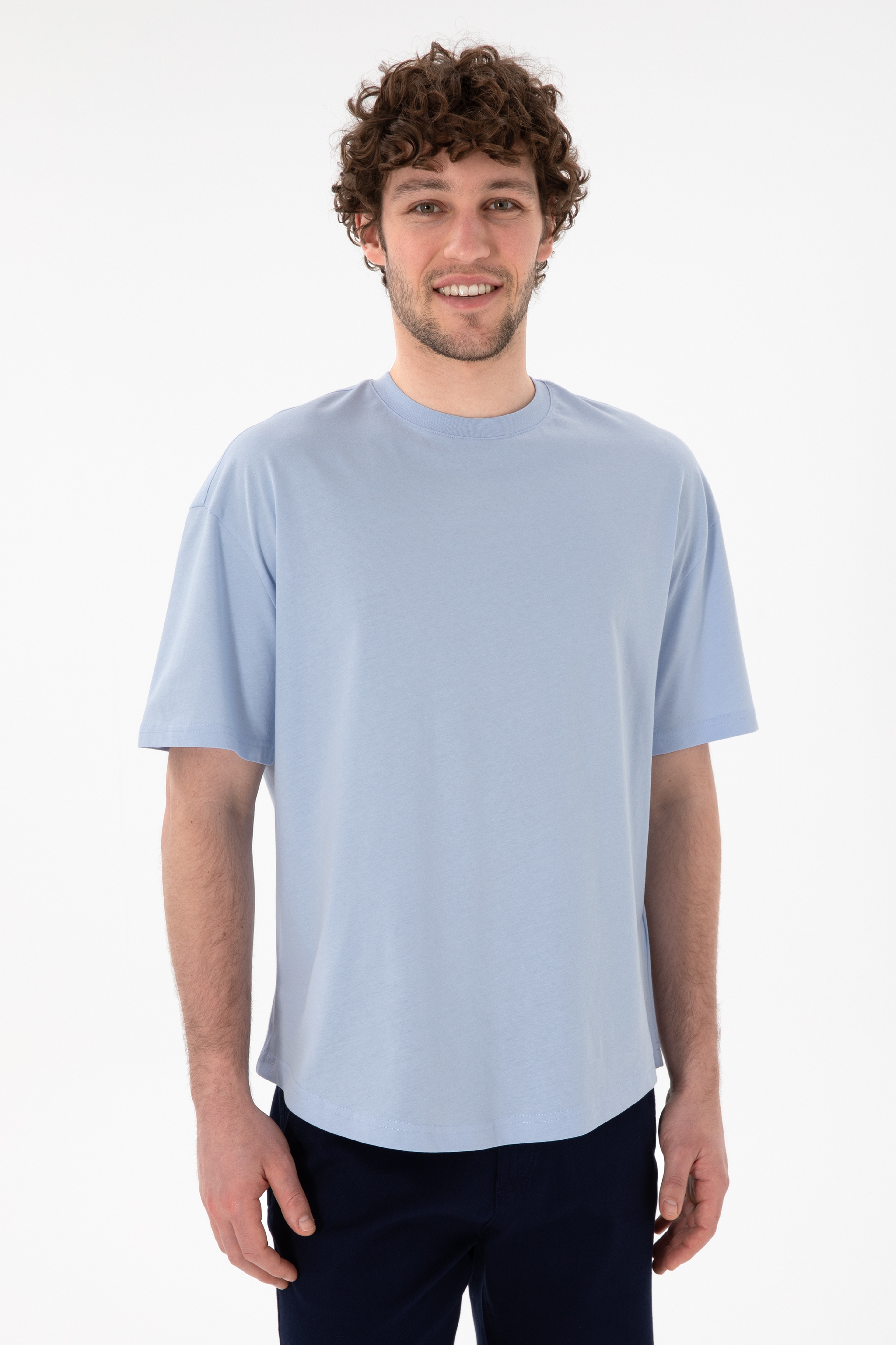 Erkek Long Fit Bisiklet Yaka Açık Mavi Basic Tişört - Image 2