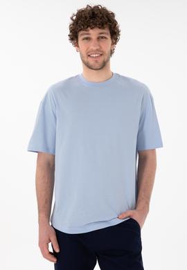 Erkek Long Fit Bisiklet Yaka Açık Mavi Basic Tişört - 50305988129