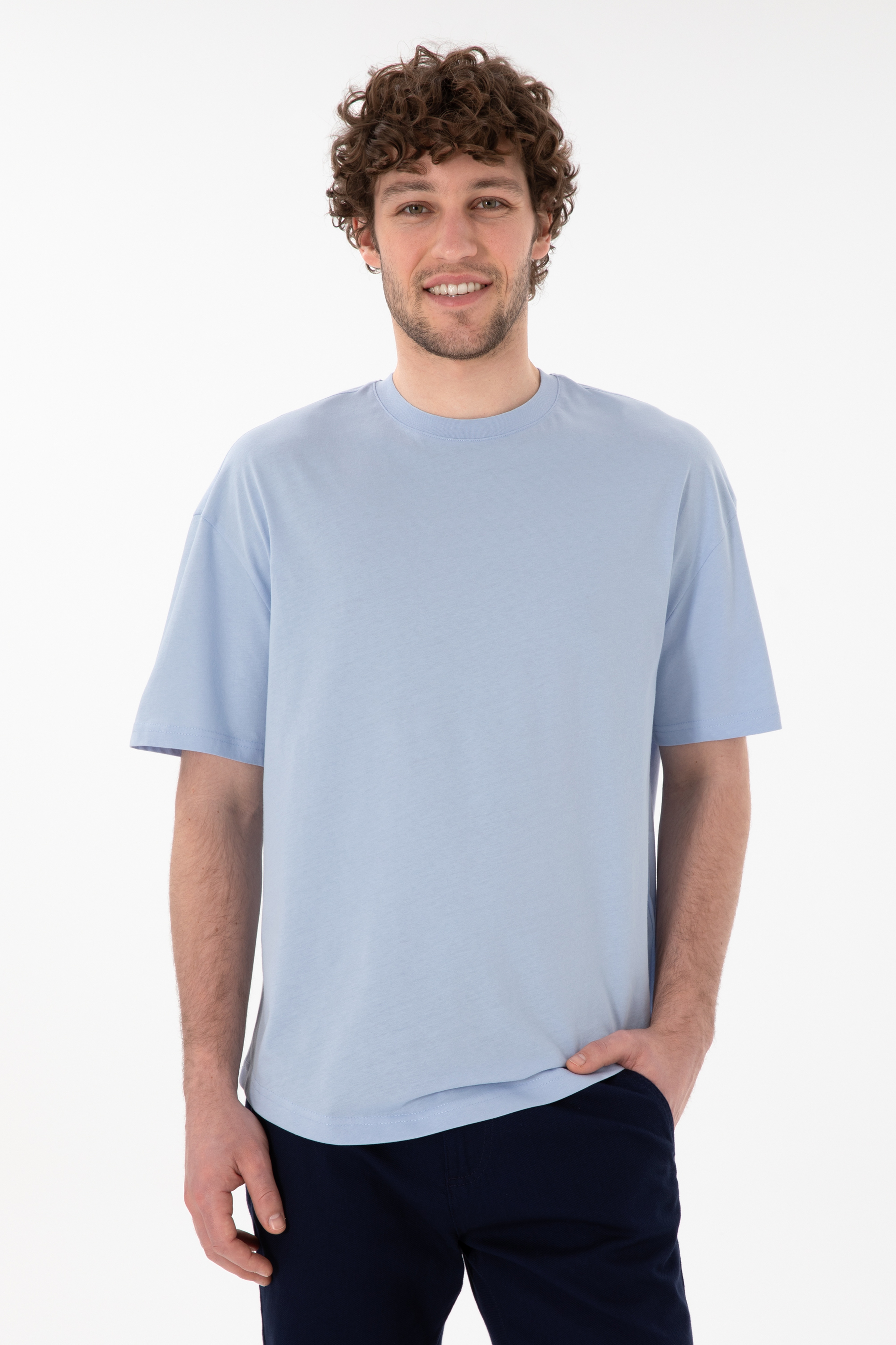 Erkek Long Fit Bisiklet Yaka Açık Mavi Basic Tişört - Image 1