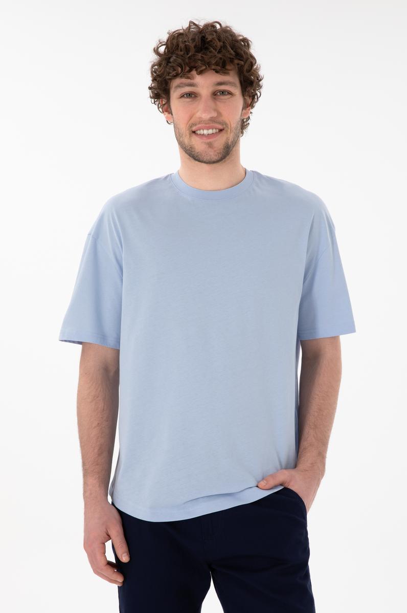 Erkek Long Fit Bisiklet Yaka Açık Mavi Basic Tişört