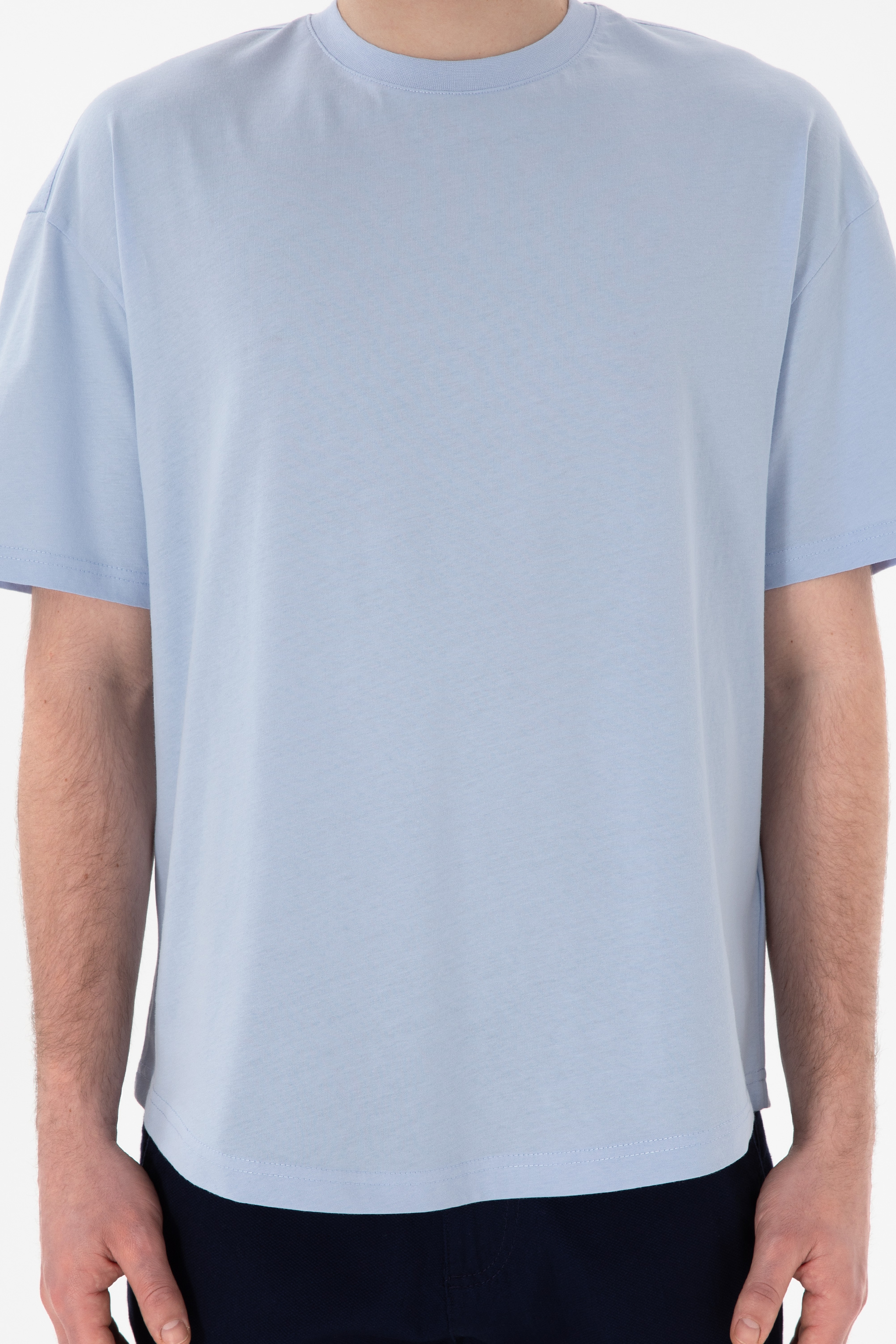 Erkek Long Fit Bisiklet Yaka Açık Mavi Basic Tişört - Image 7