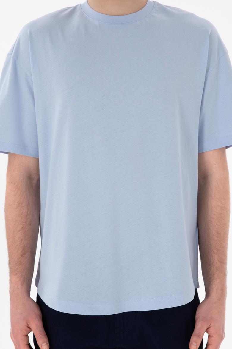 Erkek Long Fit Bisiklet Yaka Açık Mavi Basic Tişört - 50305988129
