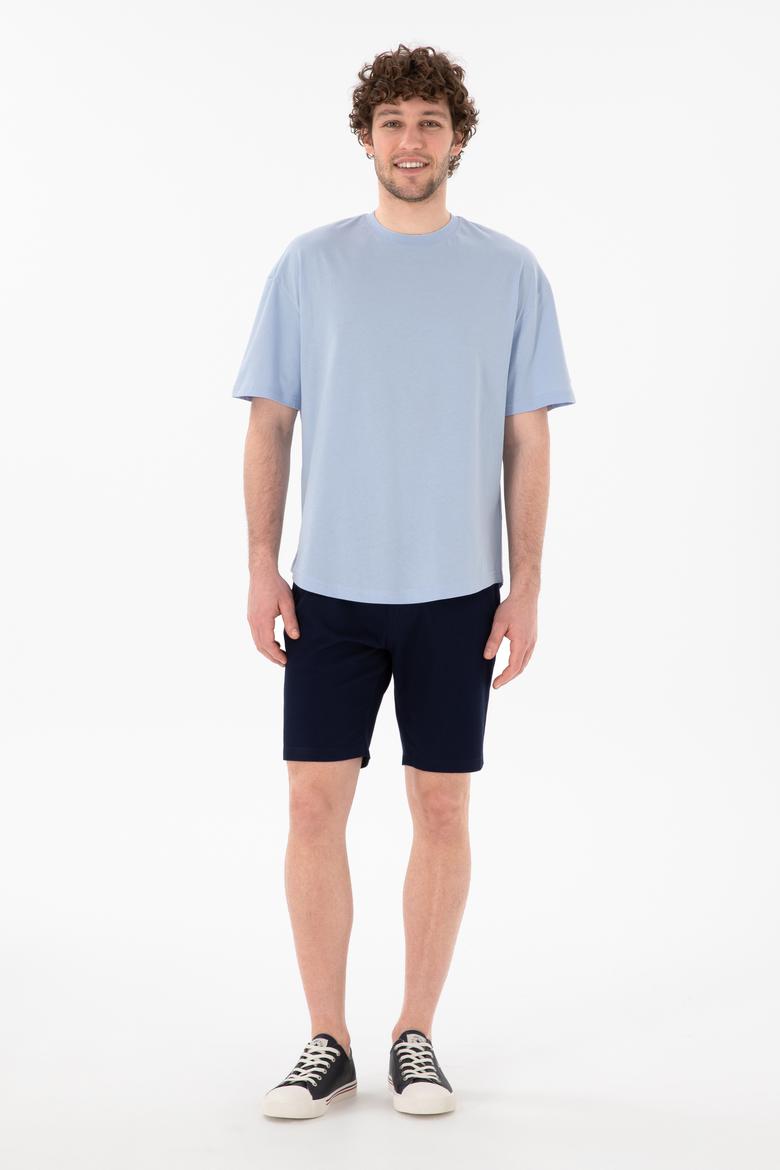 Erkek Long Fit Bisiklet Yaka Açık Mavi Basic Tişört - 50305988129