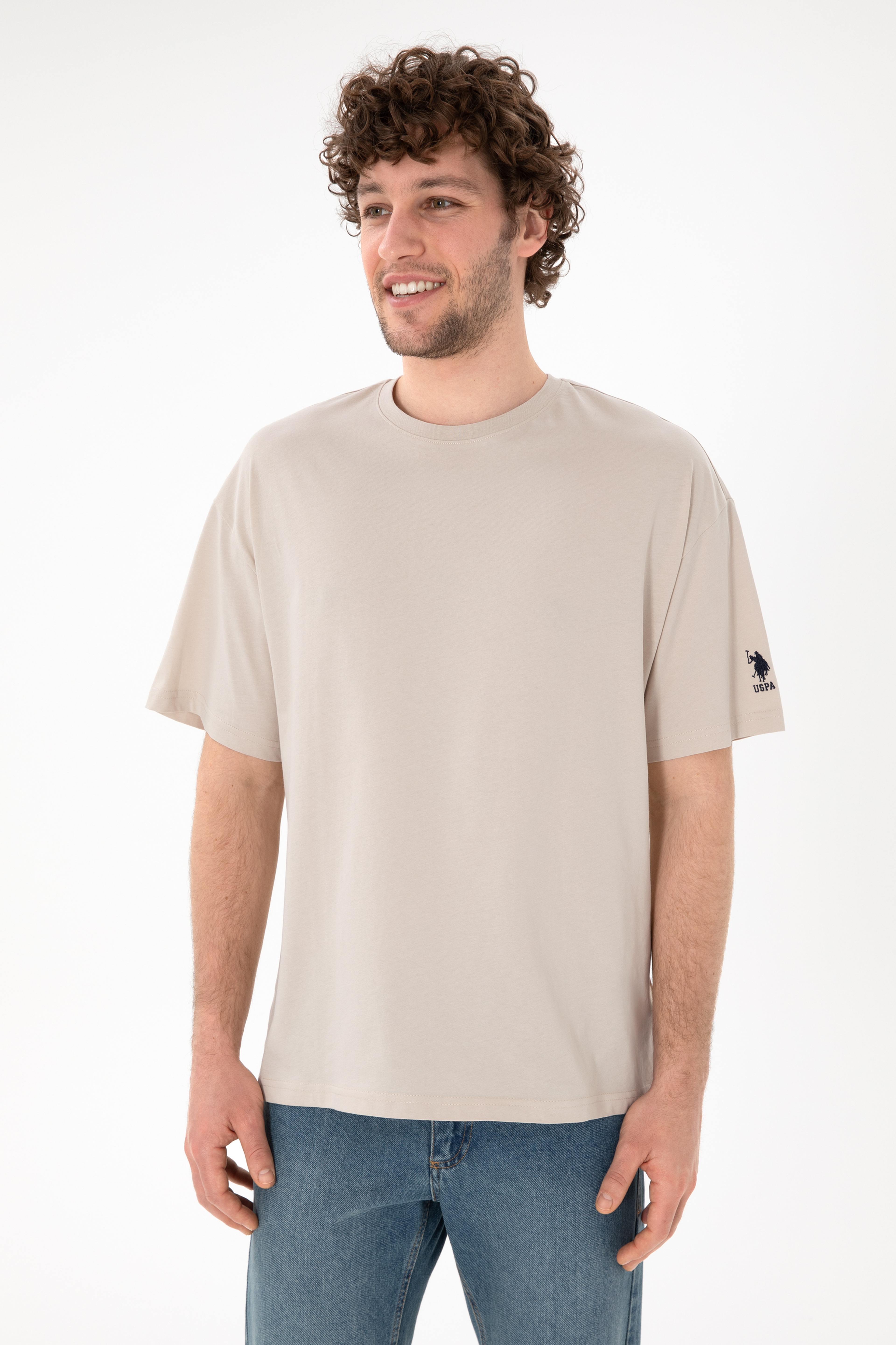 Erkek Oversize Fit Bisiklet Yaka Taş Tişört