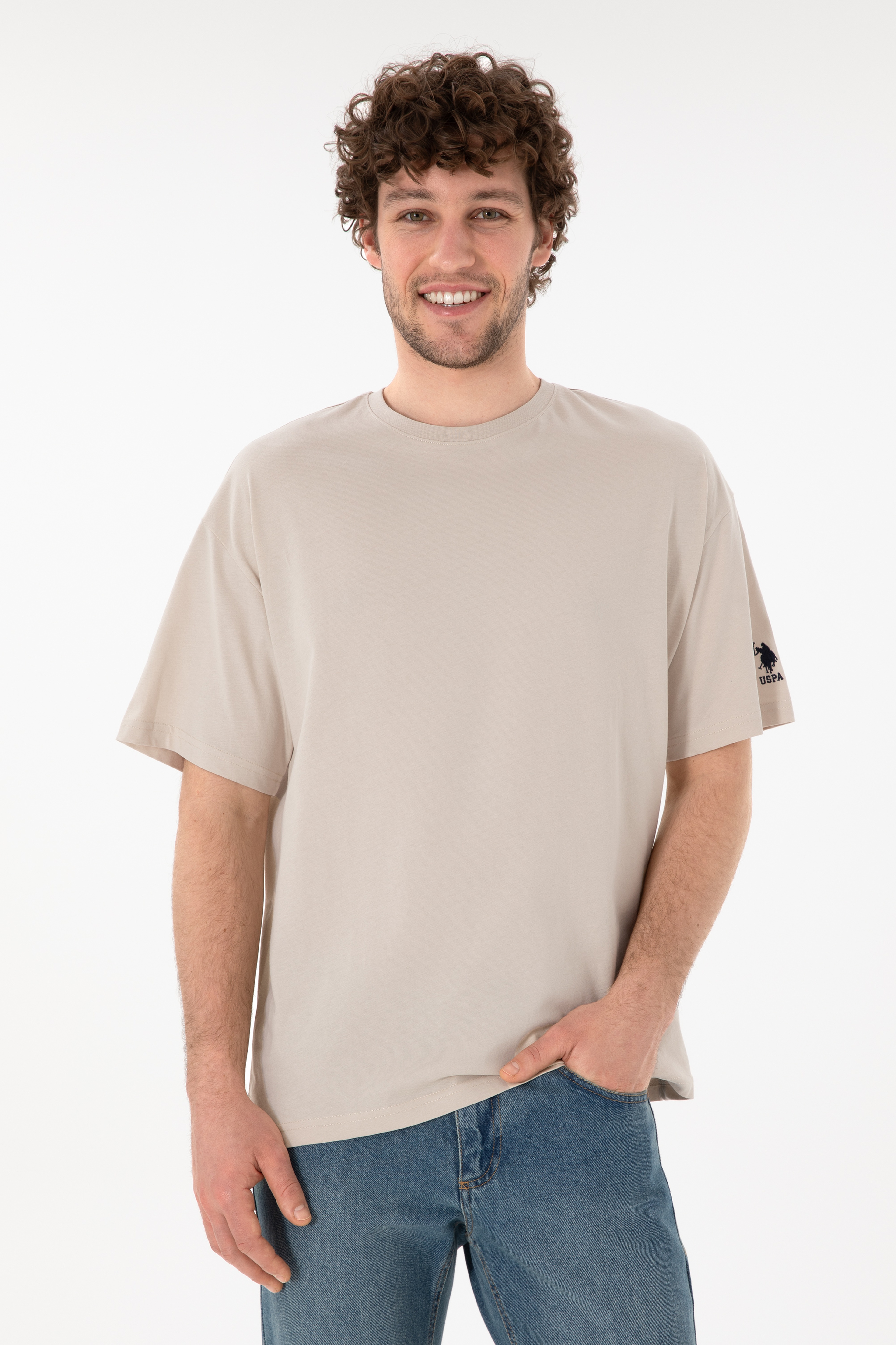 Erkek Oversize Fit Bisiklet Yaka Taş Tişört - Image 1