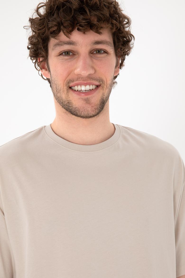 Erkek Oversize Fit Bisiklet Yaka Taş Tişört - 50305859047