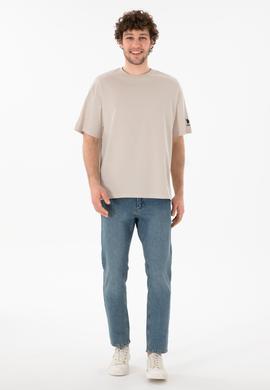 Erkek Oversize Fit Bisiklet Yaka Taş Tişört - 50305859047