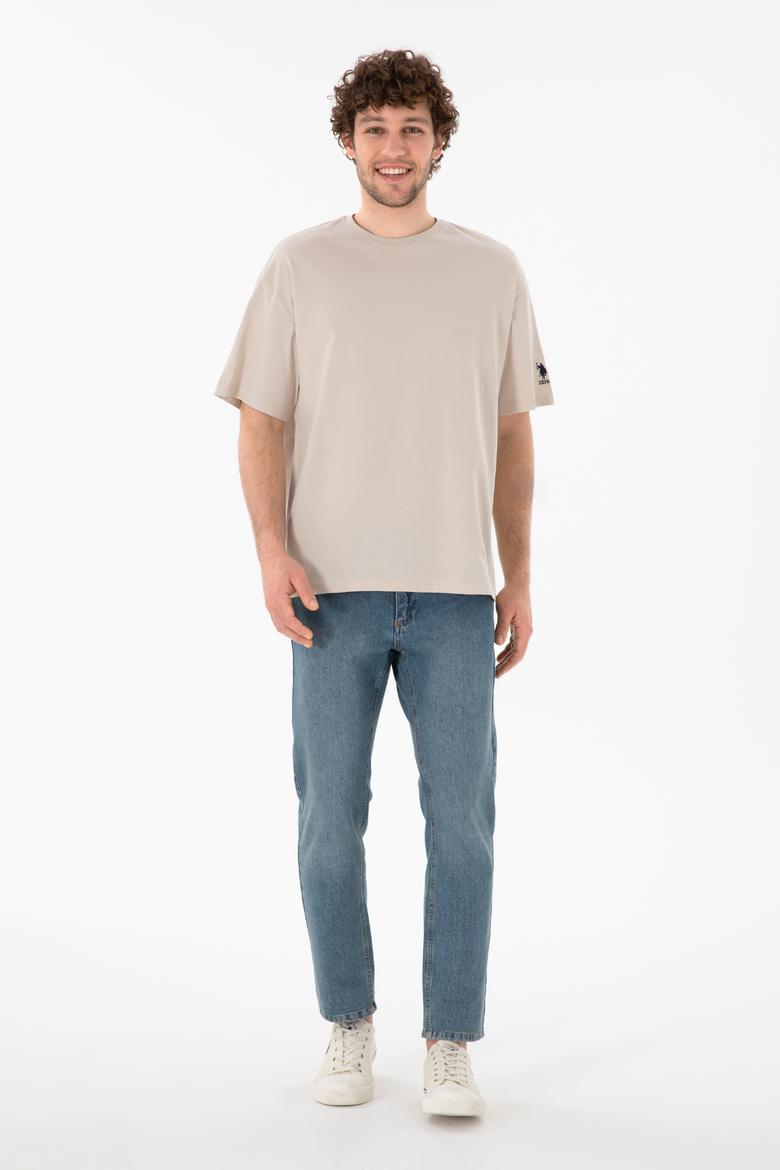 Erkek Oversize Fit Bisiklet Yaka Taş Tişört - 50305859047