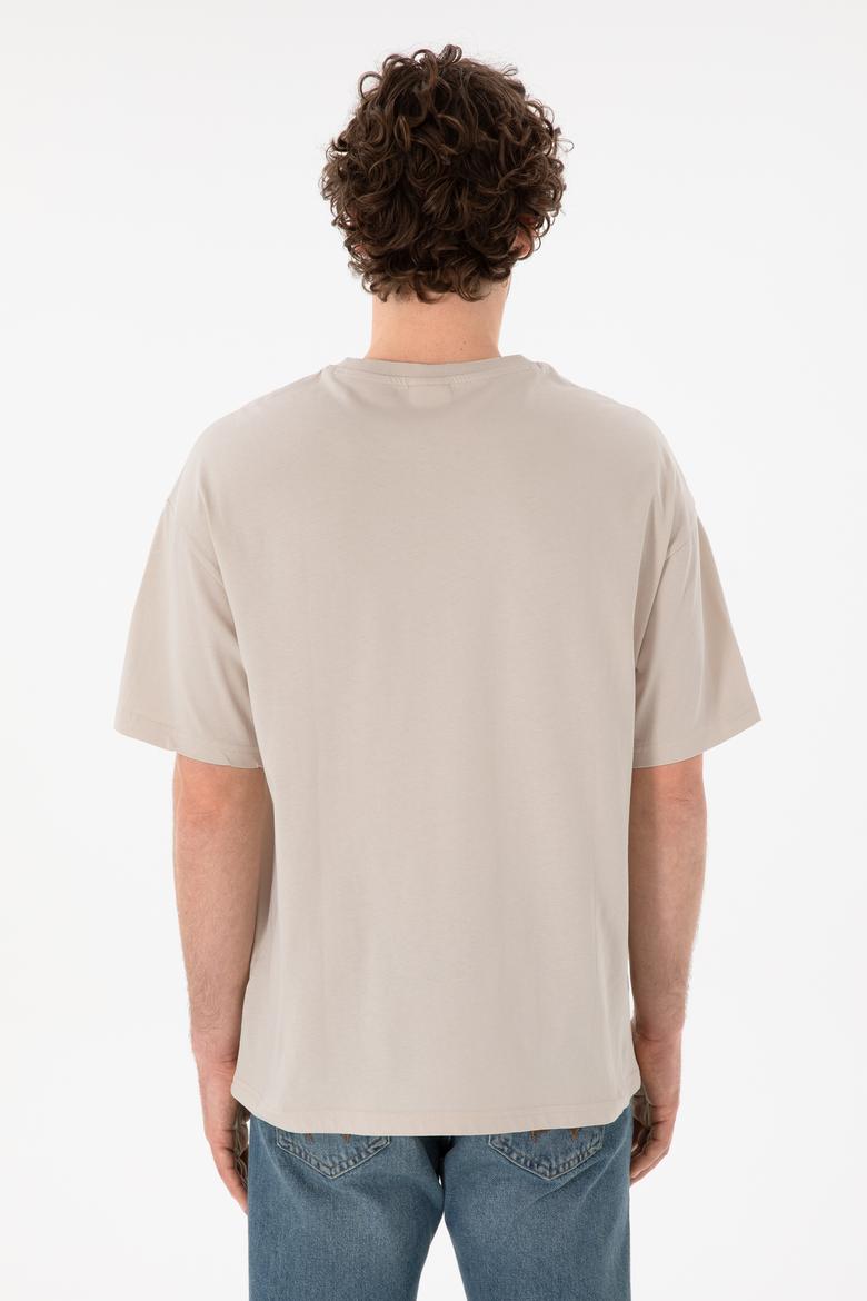 Erkek Oversize Fit Bisiklet Yaka Taş Tişört - 50305859047