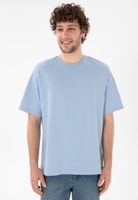 Erkek Oversize Fit Bisiklet Yaka Açık Mavi Tişört - 50305859087