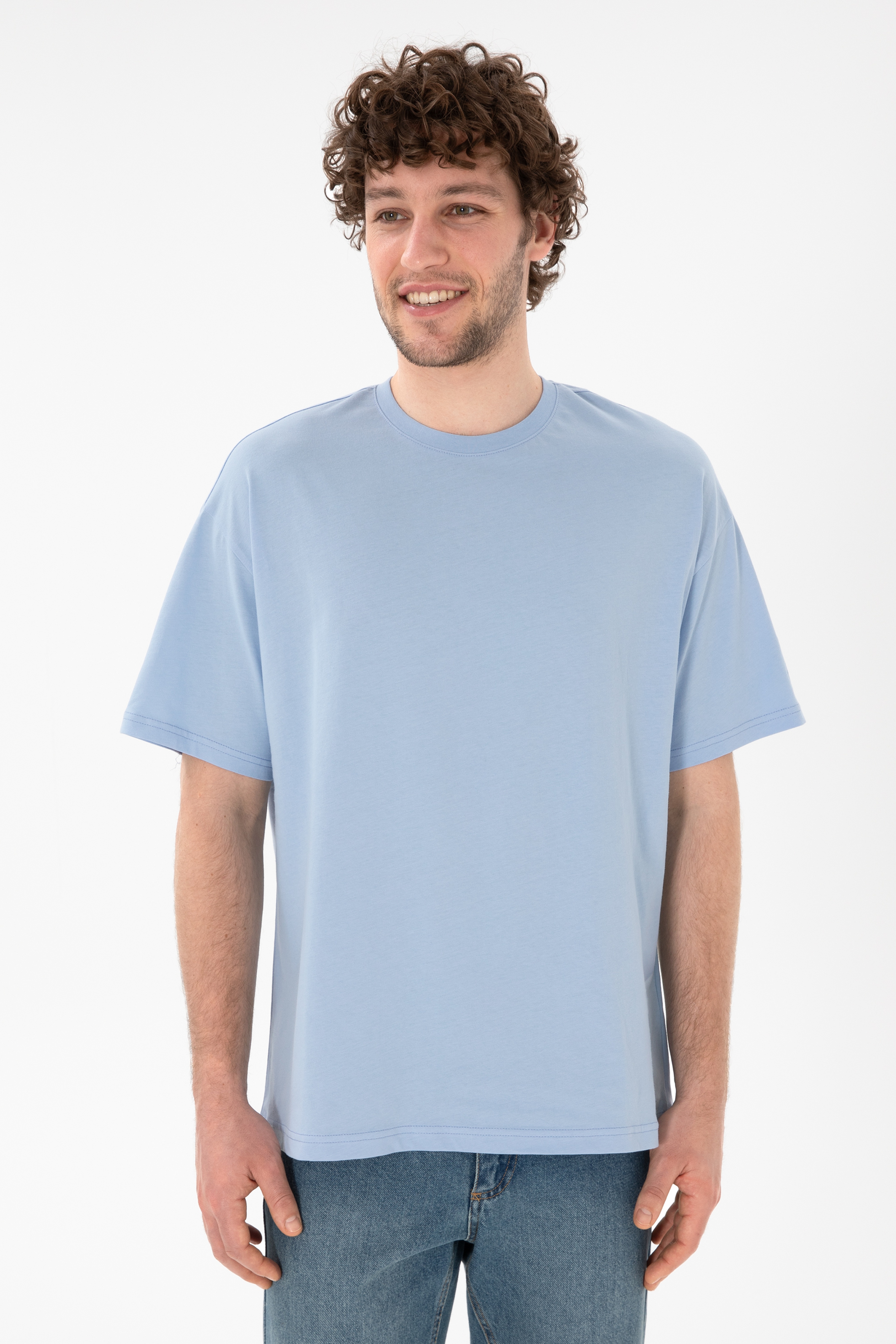 Erkek Oversize Fit Bisiklet Yaka Açık Mavi Tişört - Image 2