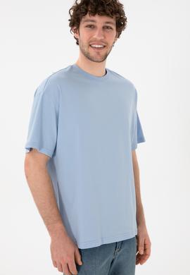 Erkek Oversize Fit Bisiklet Yaka Açık Mavi Tişört - 50305859087