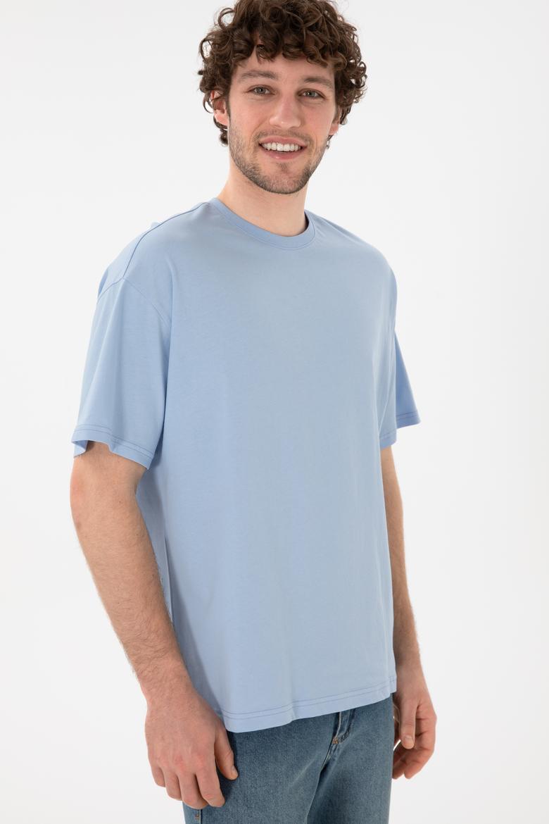 Erkek Oversize Fit Bisiklet Yaka Açık Mavi Tişört - 50305859087