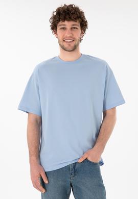 Erkek Oversize Fit Bisiklet Yaka Açık Mavi Tişört - 50305859087