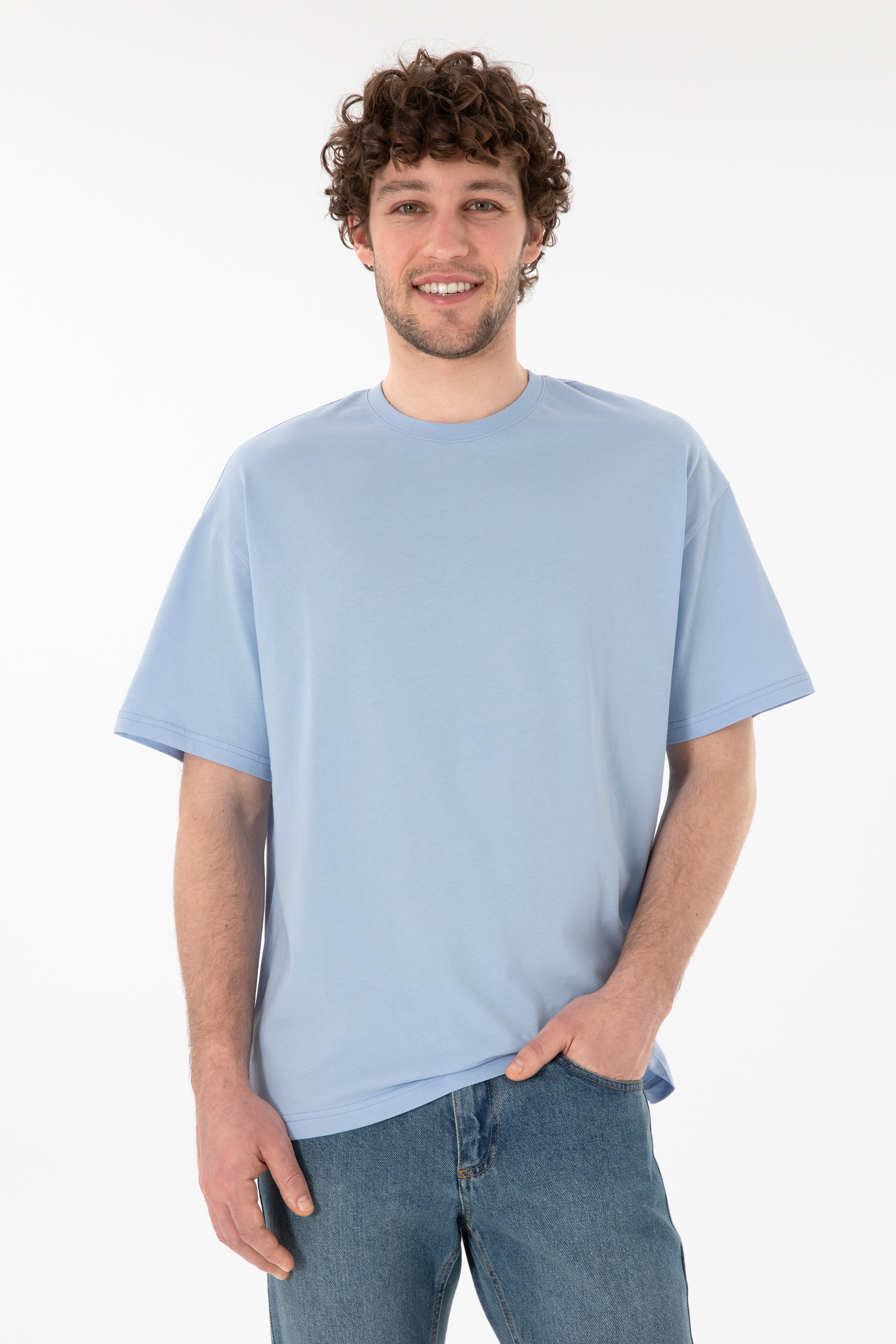 Erkek Oversize Fit Bisiklet Yaka Açık Mavi Tişört - Image 1