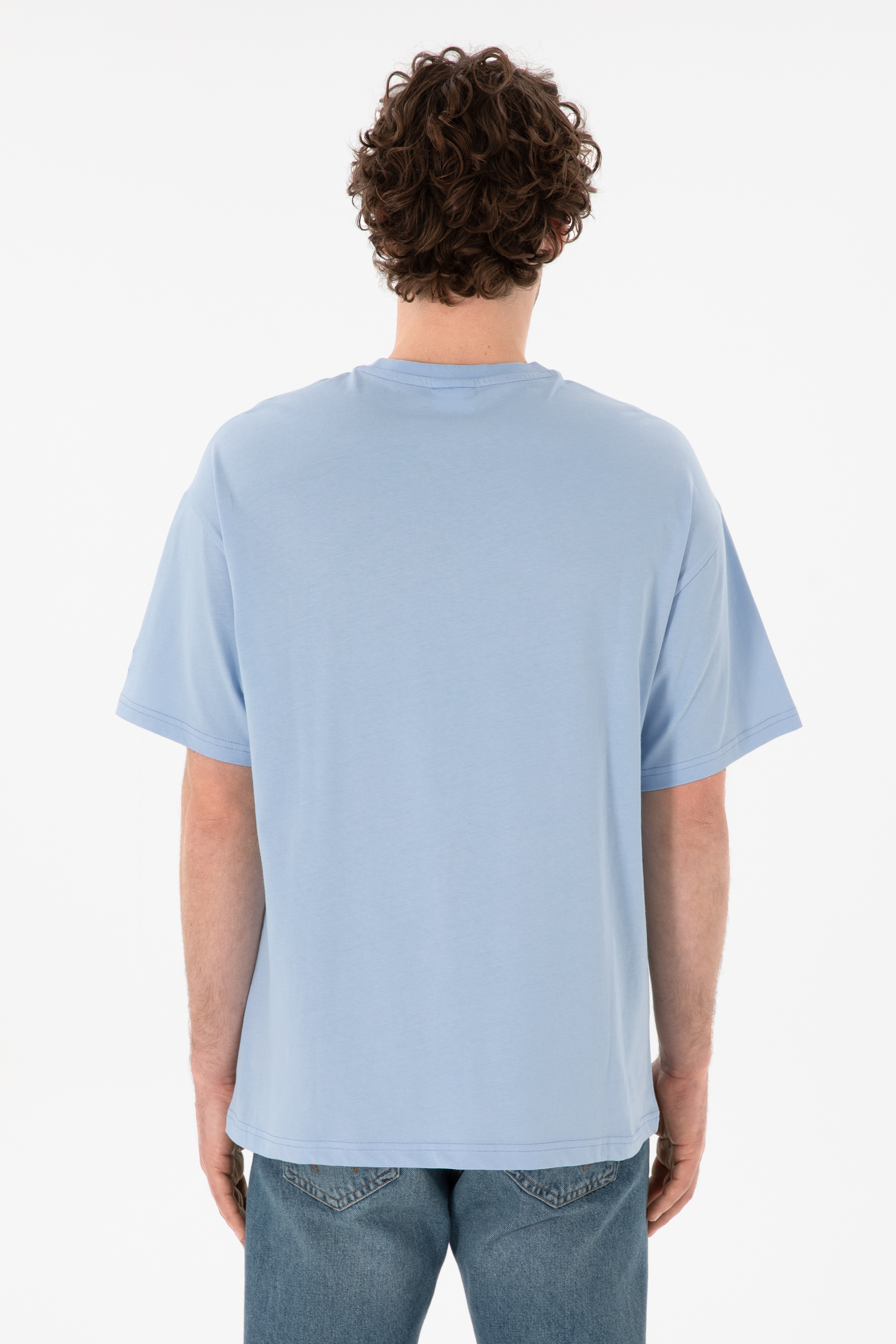 Erkek Oversize Fit Bisiklet Yaka Açık Mavi Tişört - Image 6