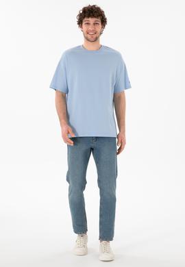 Erkek Oversize Fit Bisiklet Yaka Açık Mavi Tişört - 50305859087