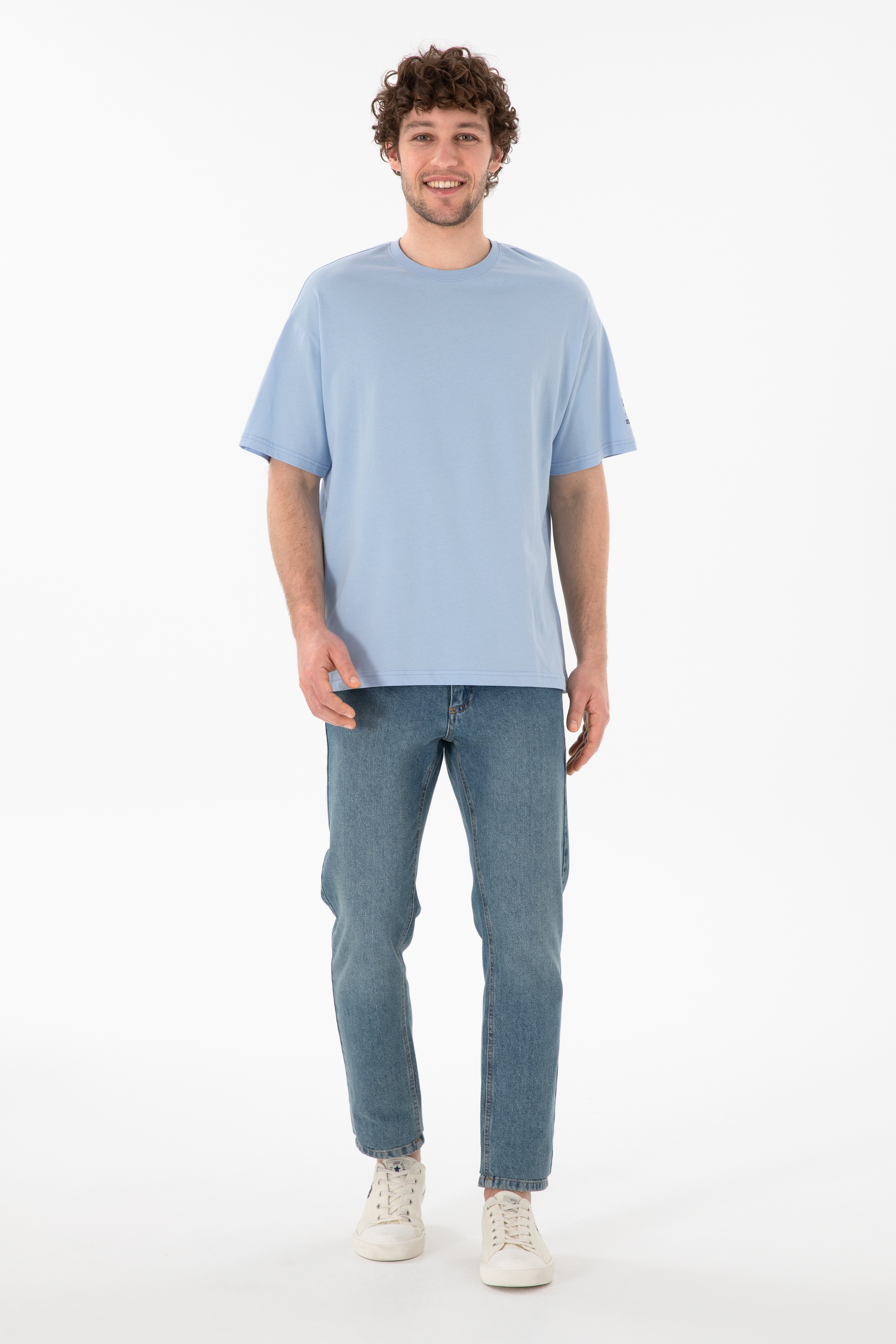 Erkek Oversize Fit Bisiklet Yaka Açık Mavi Tişört - Image 5