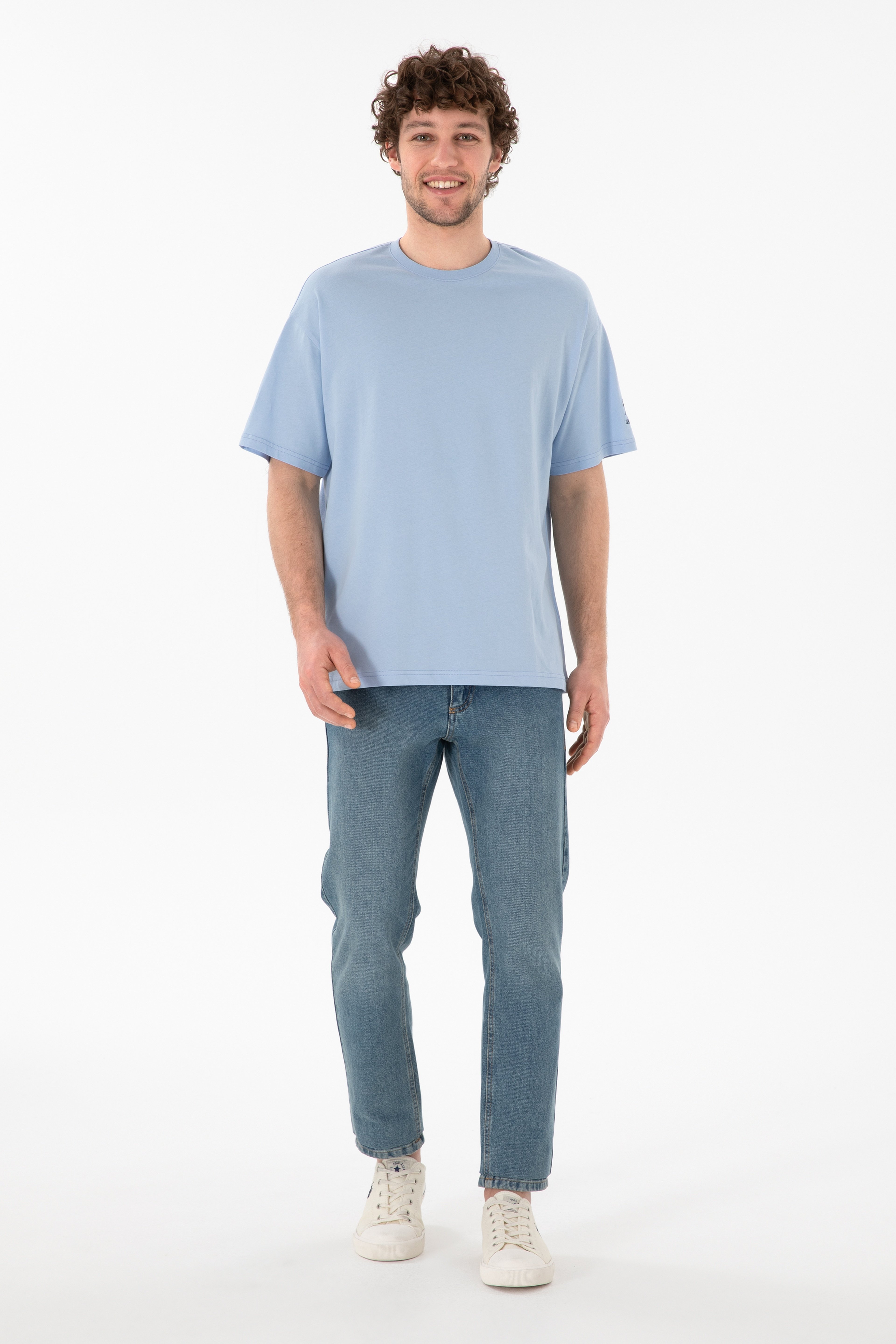 Erkek Oversize Fit Bisiklet Yaka Açık Mavi Tişört