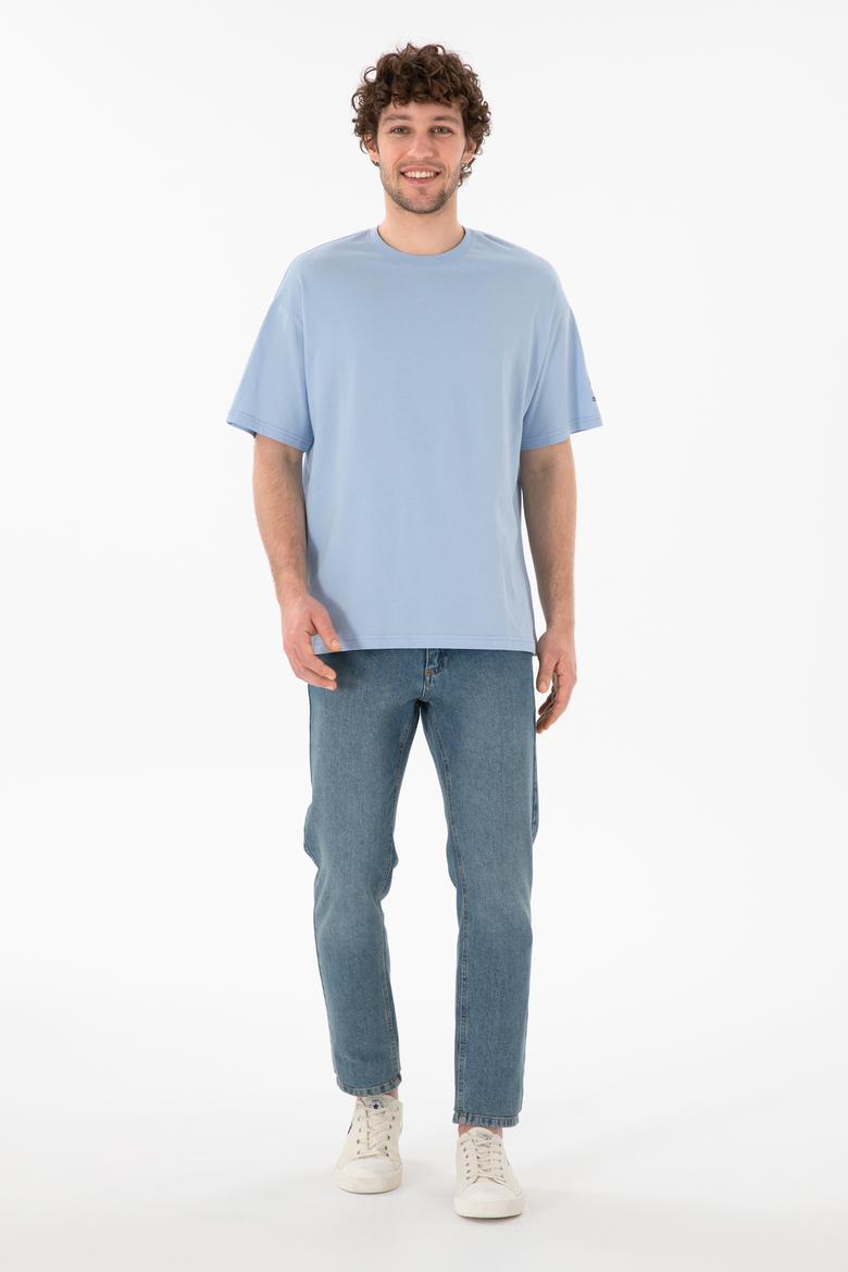 Erkek Oversize Fit Bisiklet Yaka Açık Mavi Tişört - 50305859087