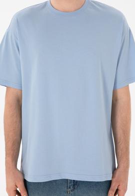 Erkek Oversize Fit Bisiklet Yaka Açık Mavi Tişört - 50305859087