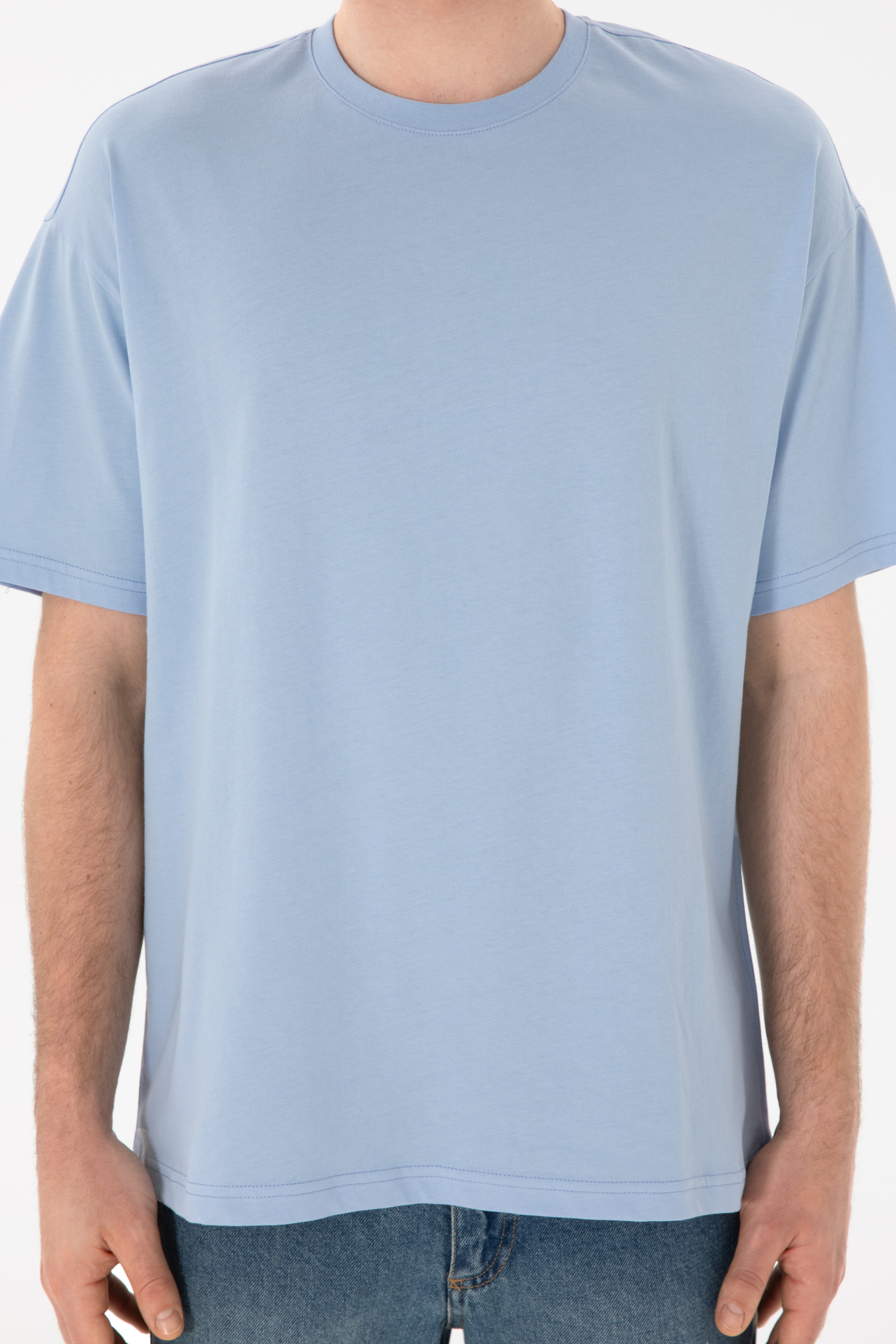 Erkek Oversize Fit Bisiklet Yaka Açık Mavi Tişört - Image 7