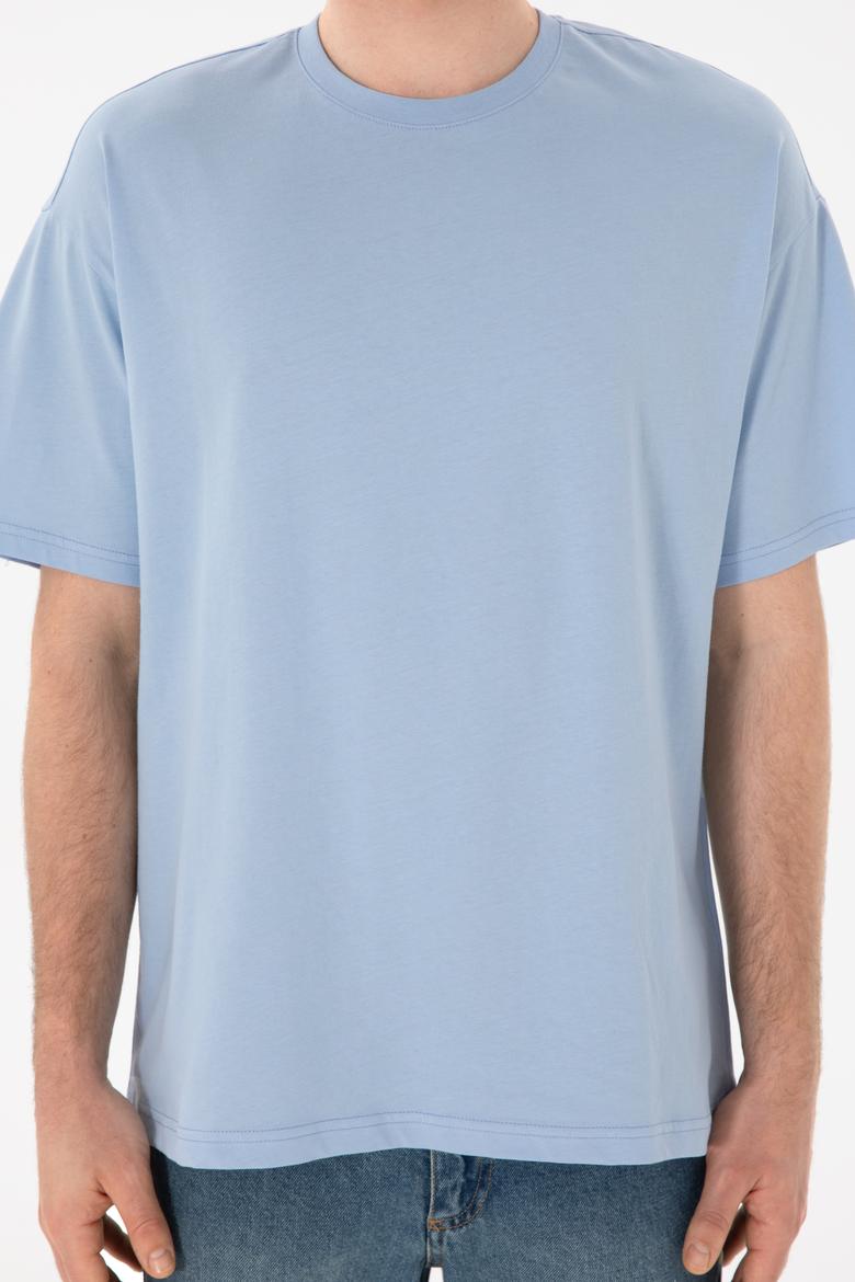 Erkek Oversize Fit Bisiklet Yaka Açık Mavi Tişört - 50305859087