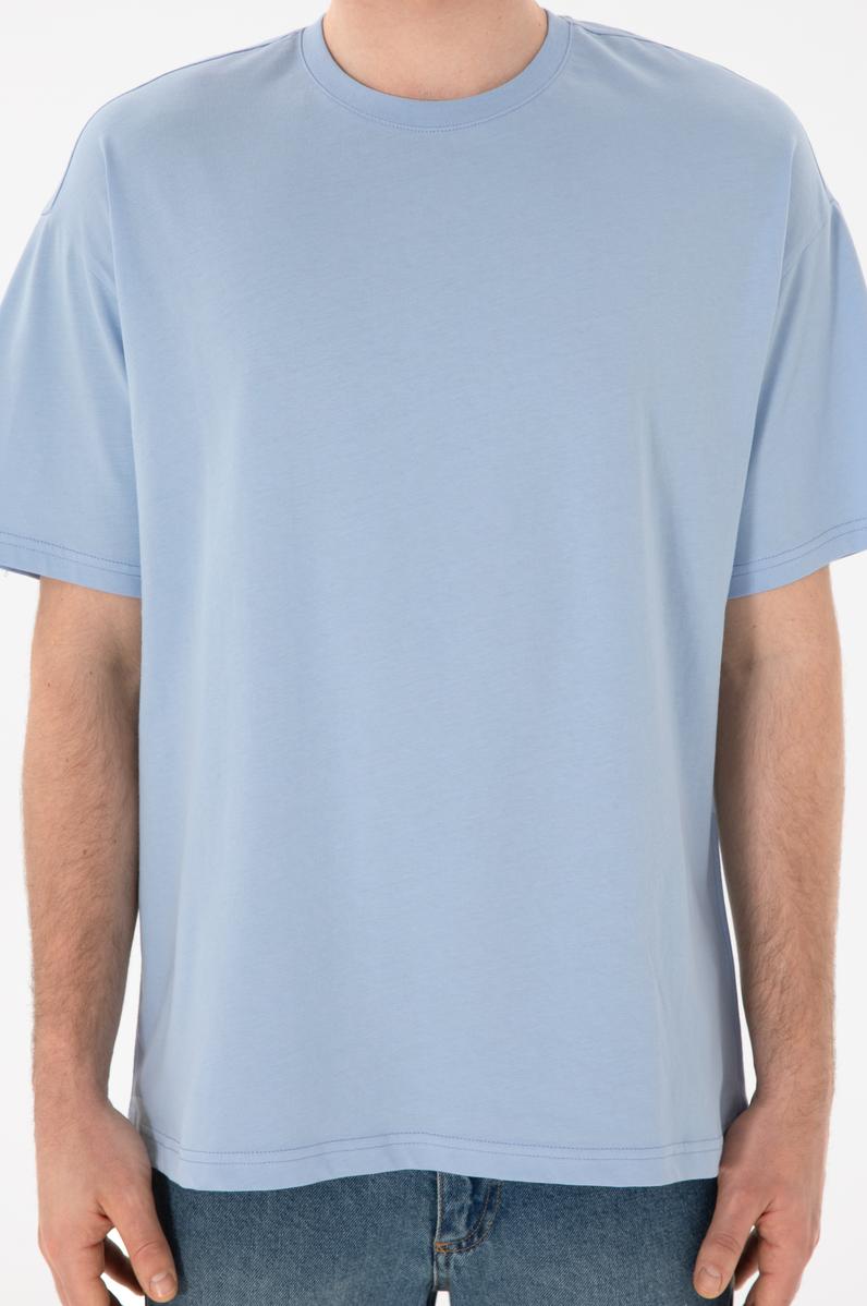 Erkek Oversize Fit Bisiklet Yaka Açık Mavi Tişört