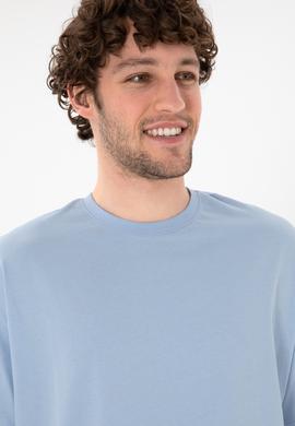 Erkek Oversize Fit Bisiklet Yaka Açık Mavi Tişört - 50305859087