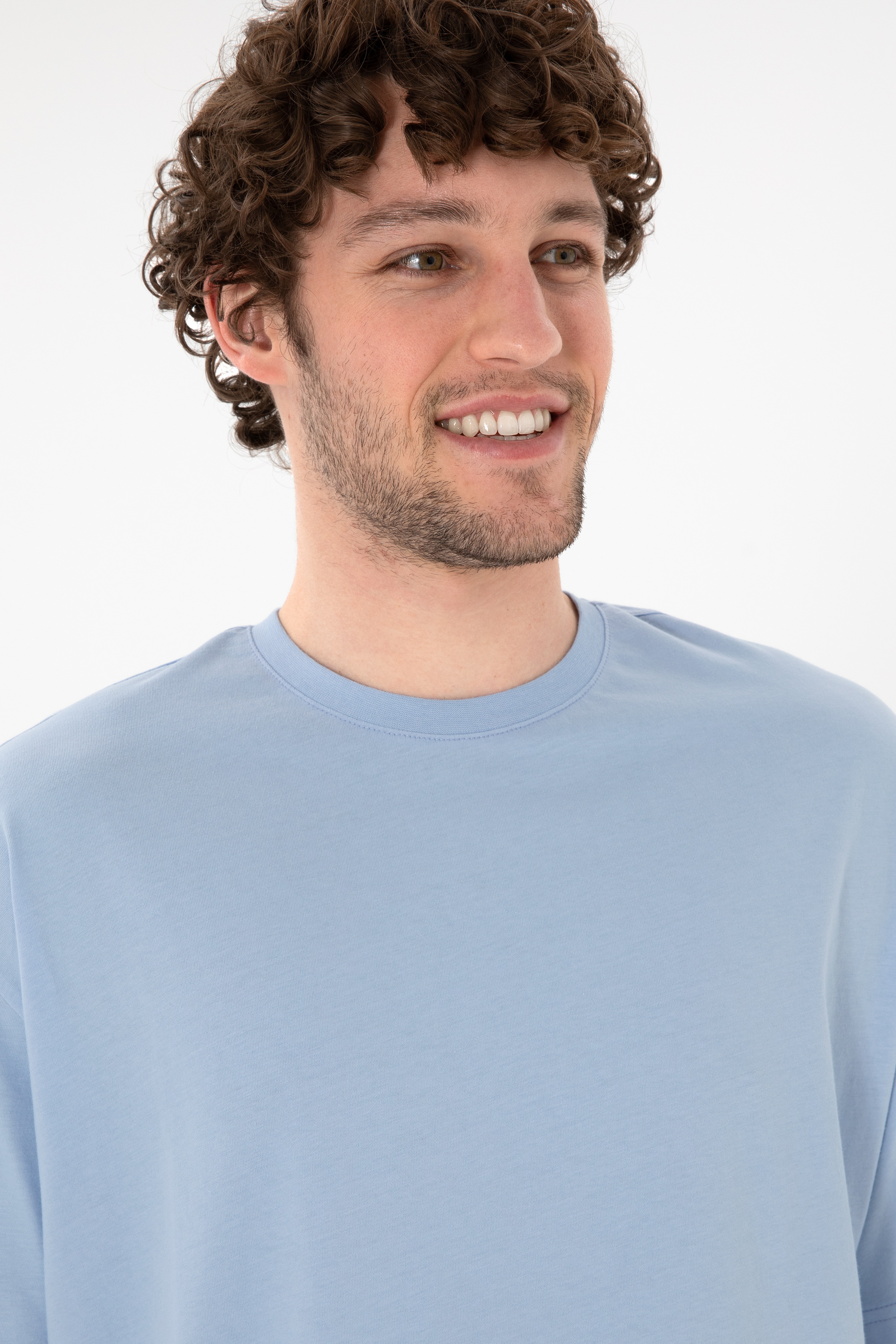 Erkek Oversize Fit Bisiklet Yaka Açık Mavi Tişört - Image 3