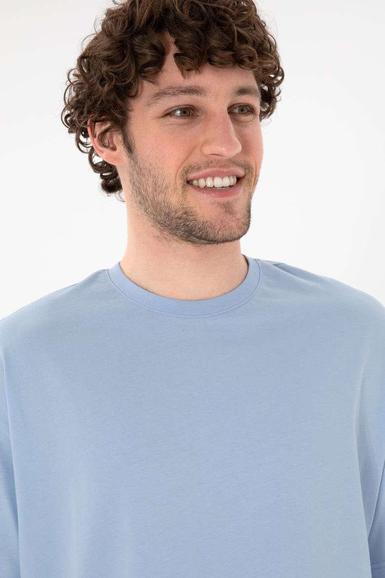 Erkek Oversize Fit Bisiklet Yaka Açık Mavi Tişört - 50305859087