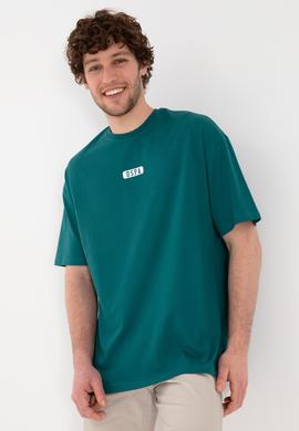 Erkek Oversize Fit Bisiklet Yaka Koyu Yeşil Tişört - 50305923047