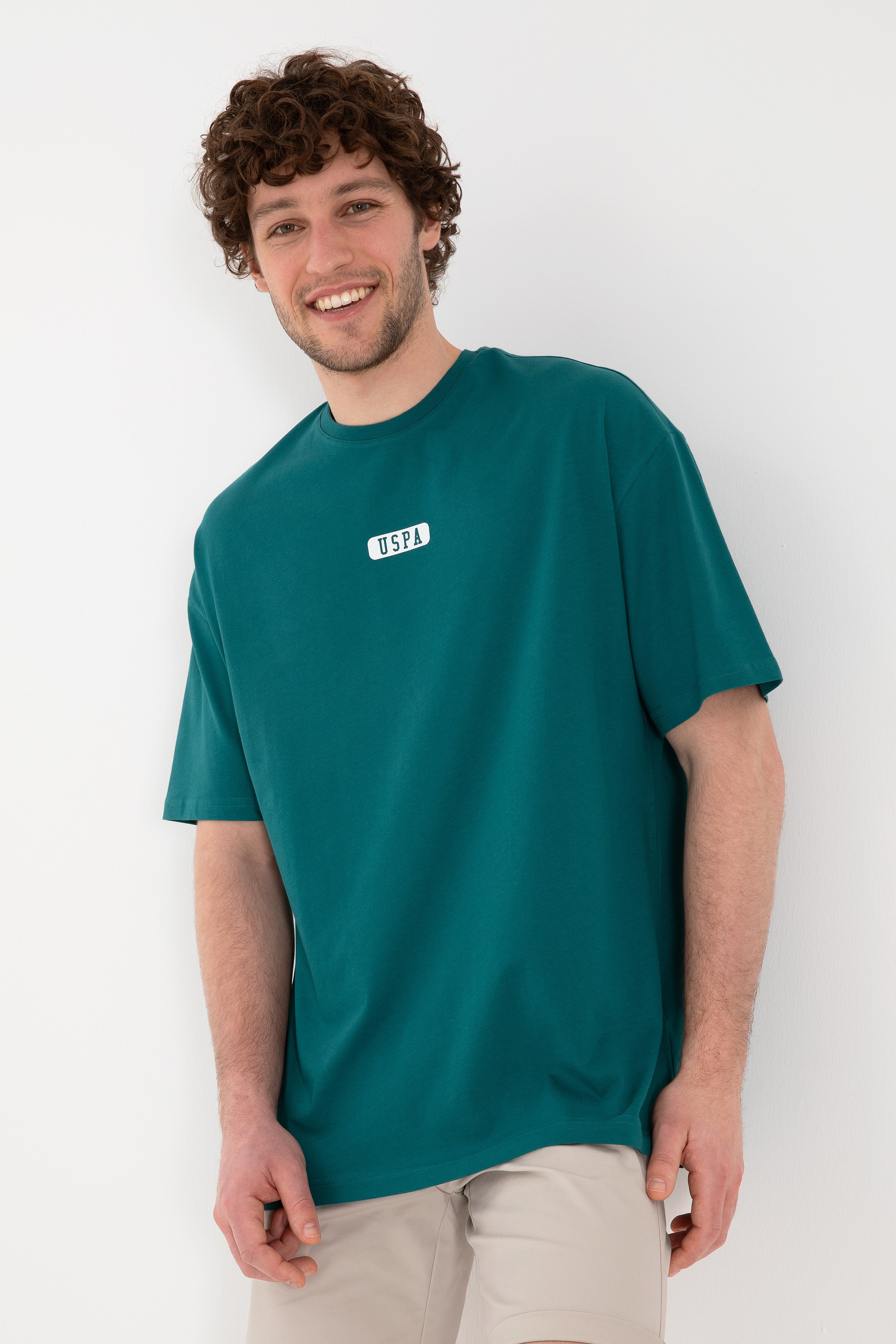 Erkek Oversize Fit Bisiklet Yaka Koyu Yeşil Tişört - Image 2