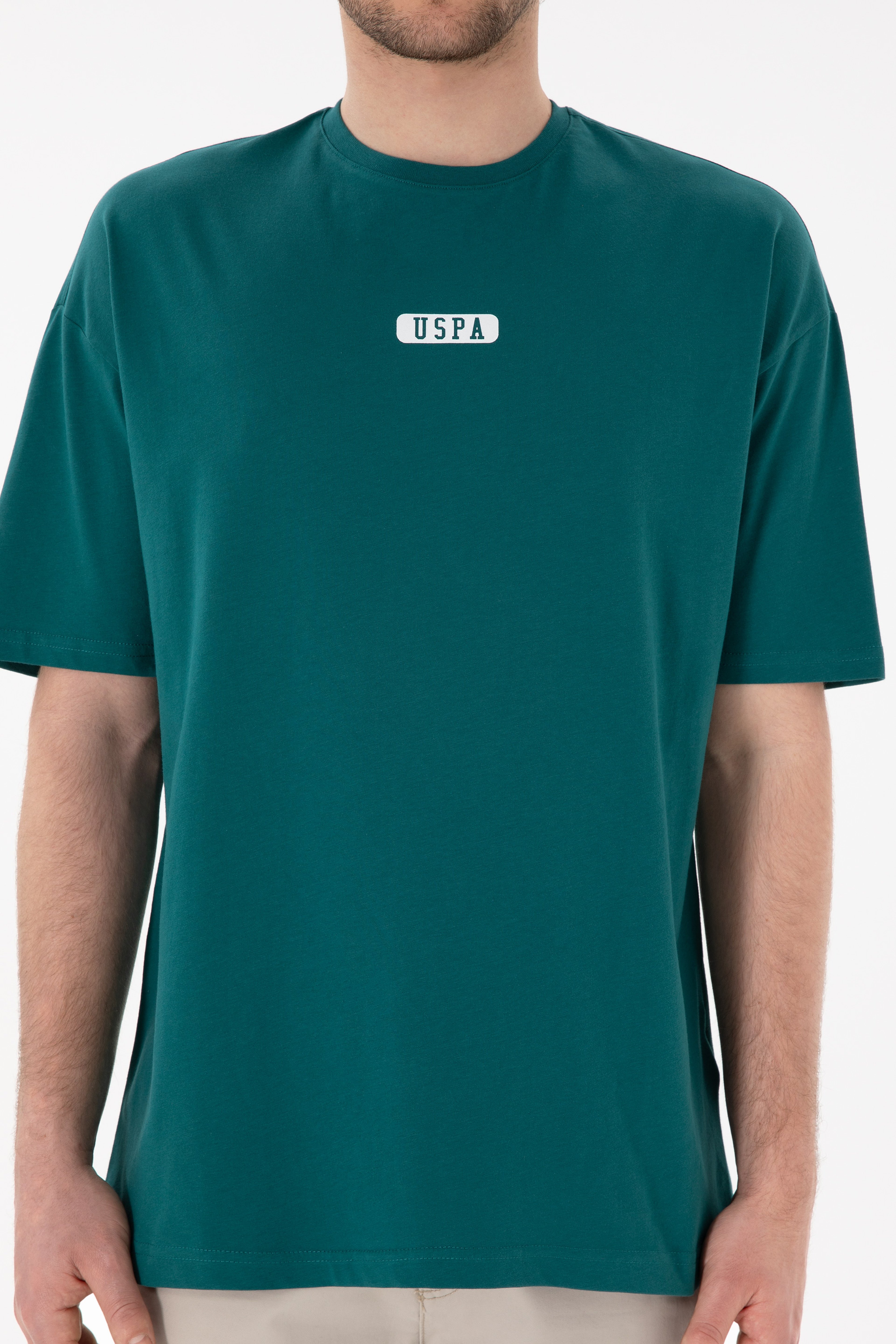 Erkek Oversize Fit Bisiklet Yaka Koyu Yeşil Tişört - Image 7