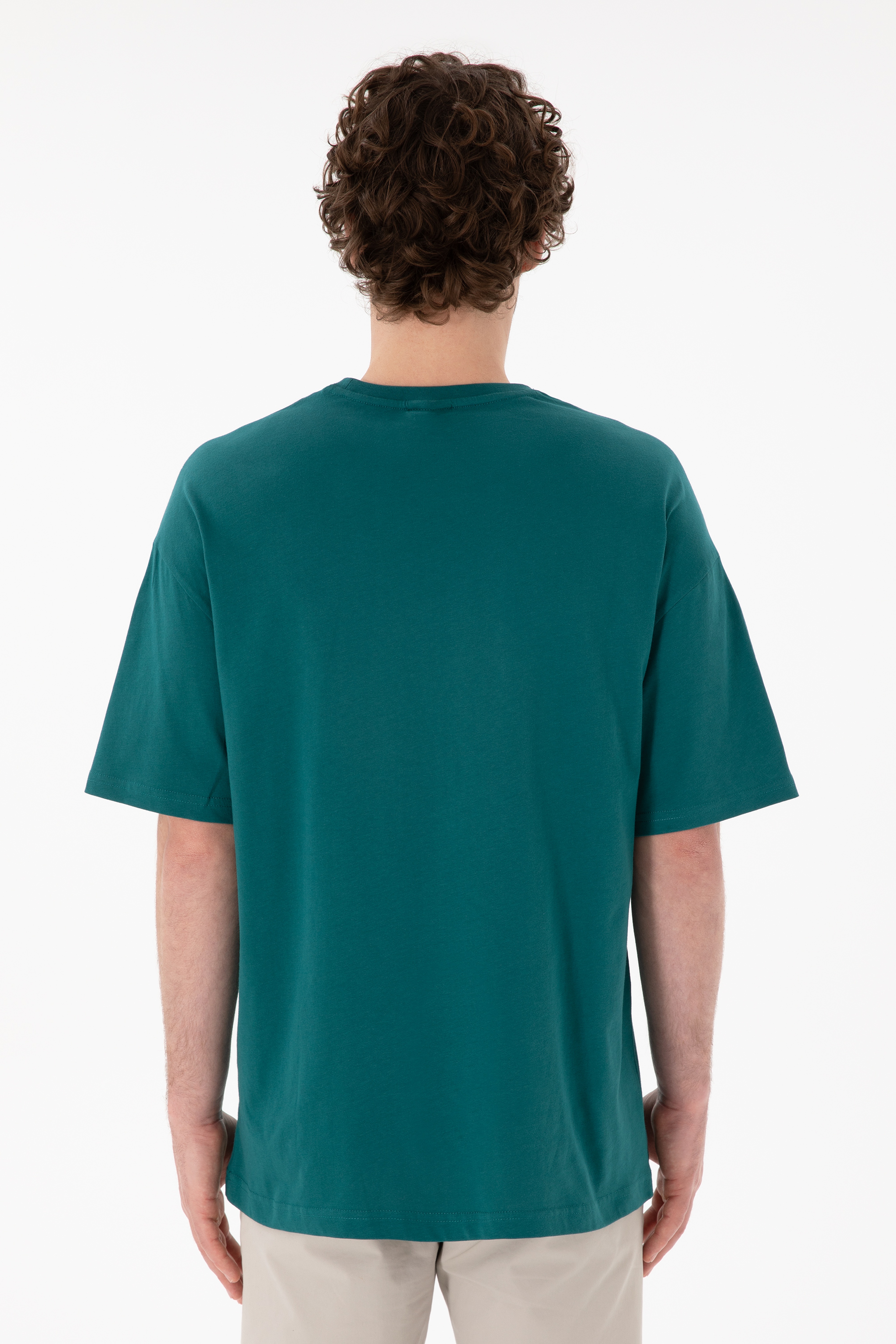 Erkek Oversize Fit Bisiklet Yaka Koyu Yeşil Tişört - Image 6