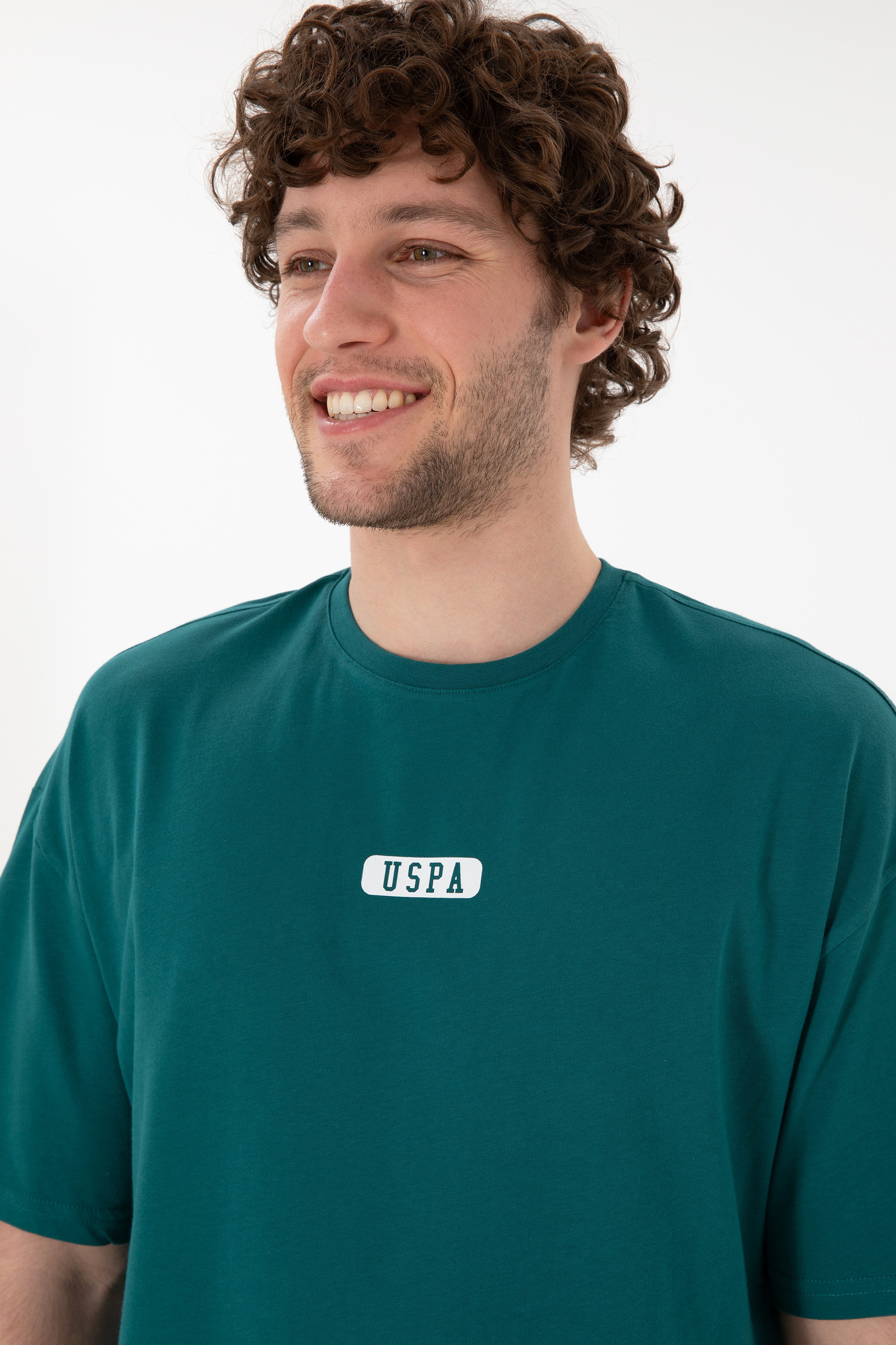 Erkek Oversize Fit Bisiklet Yaka Koyu Yeşil Tişört - Image 3
