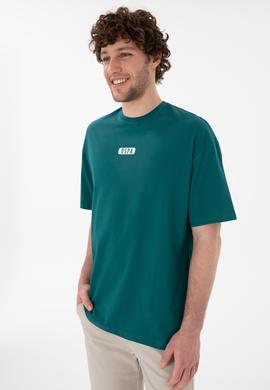 Erkek Oversize Fit Bisiklet Yaka Koyu Yeşil Tişört - 50305923047