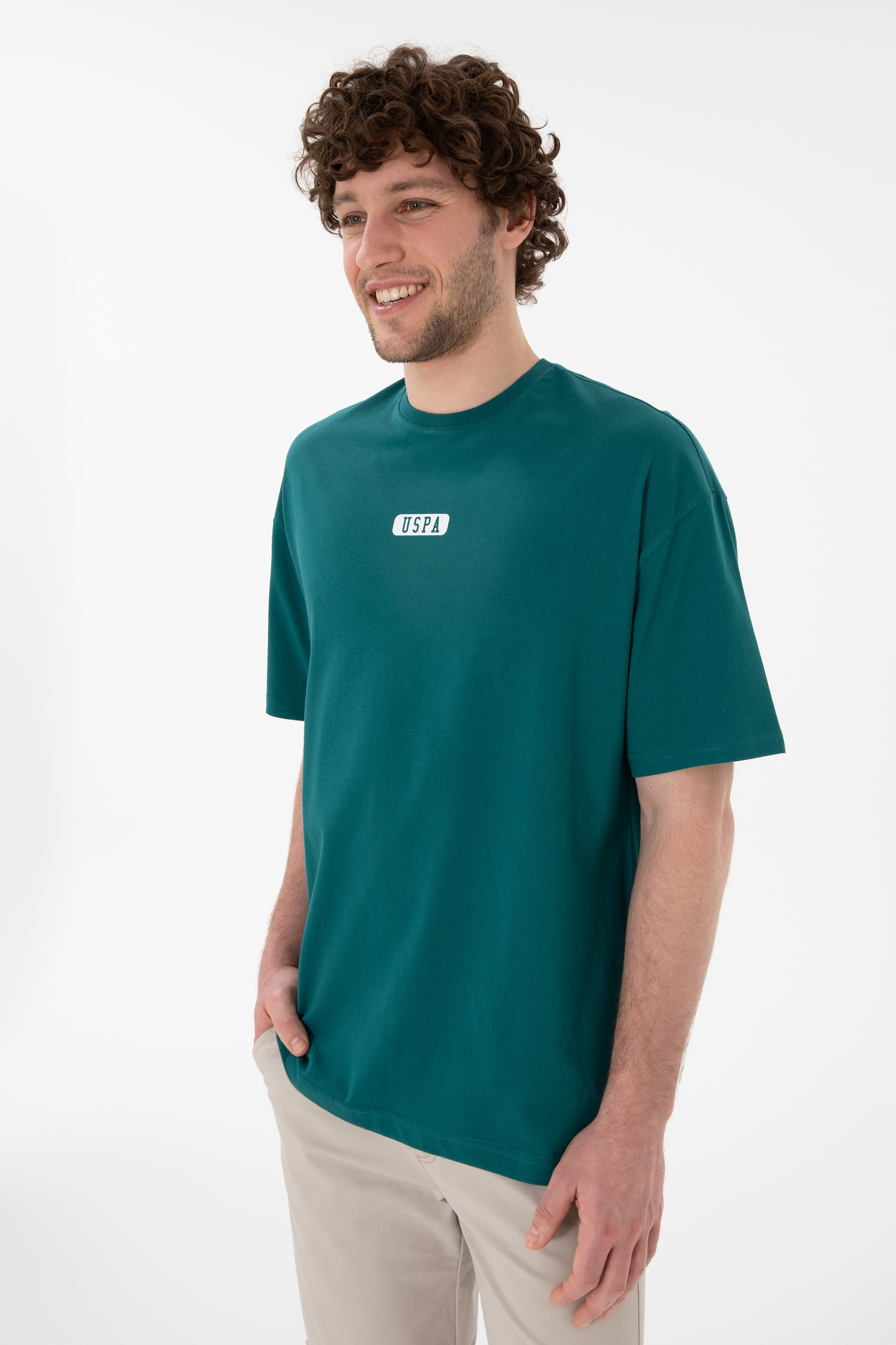 Erkek Oversize Fit Bisiklet Yaka Koyu Yeşil Tişört