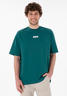 Erkek Oversize Fit Bisiklet Yaka Koyu Yeşil Tişört - 50305923047