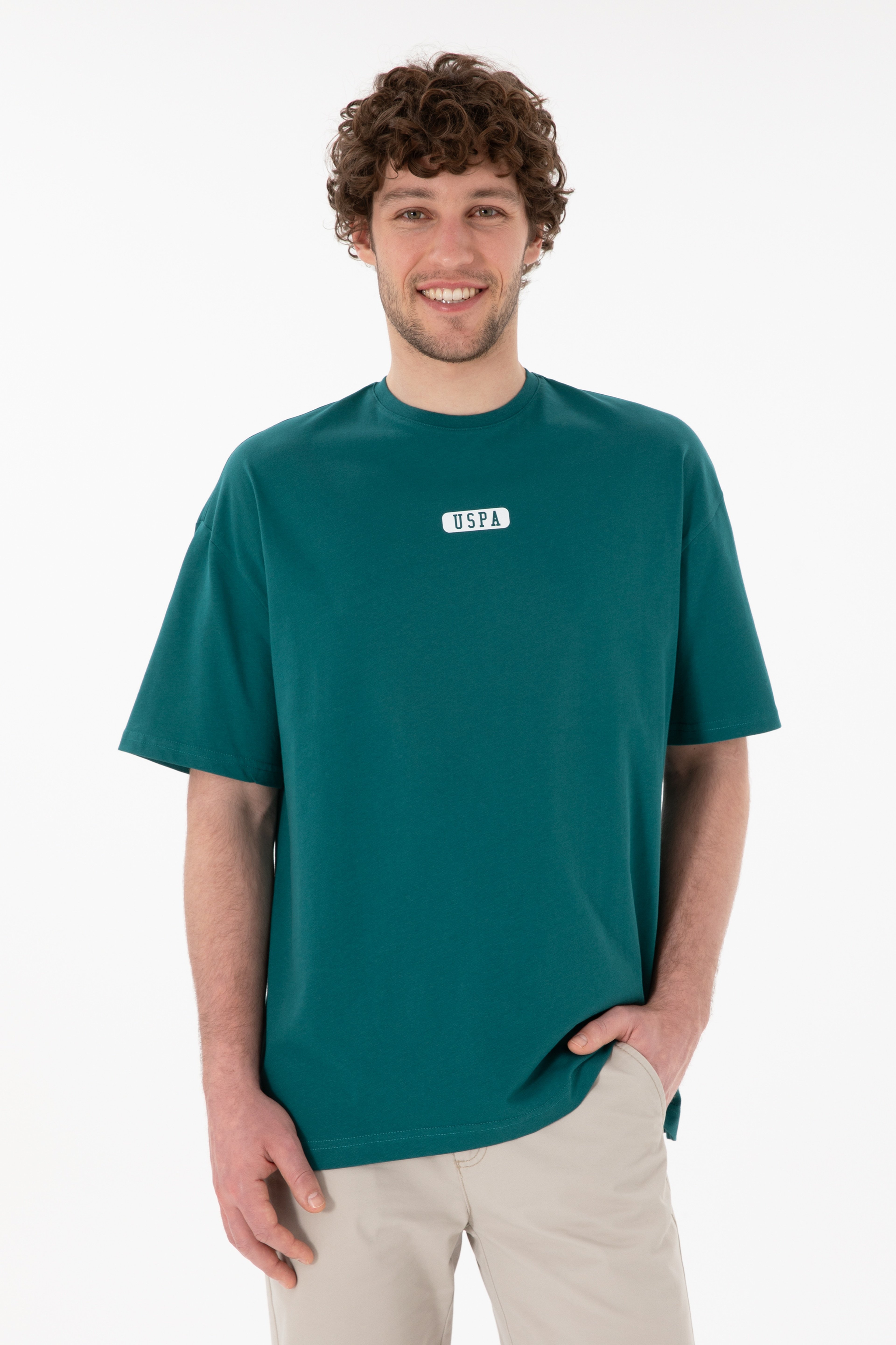 Erkek Oversize Fit Bisiklet Yaka Koyu Yeşil Tişört - Image 1